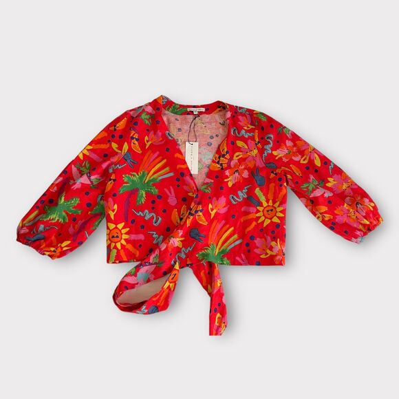NWOT Maison d'Amelie Linen Banana Print Tie Top Sz L Tropical Vacation - Picture 1 of 6